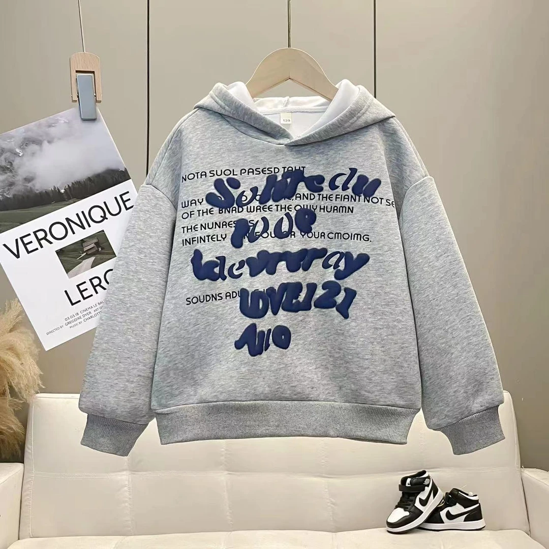 男童冬款加绒休闲宽松童装洋气衣服儿童字母印花连帽卫衣LYJ43