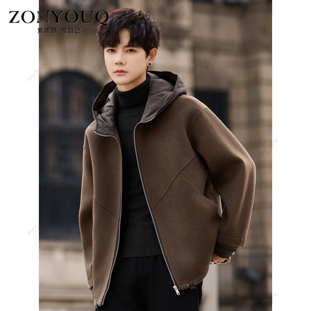 羊毛双面呢大衣男冬季加厚连帽保暖短款夹克休闲潮流时尚百搭外套