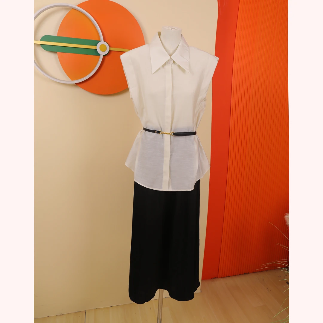 S夏季新款高级感无袖衬衫气质半身裙套装A14831（赠腰带）