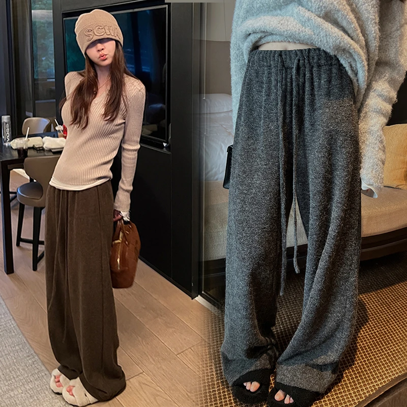 孕妇裤秋冬季外穿休闲抽绳直筒阔腿裤高腰磨毛慵懒感长裤子春秋女