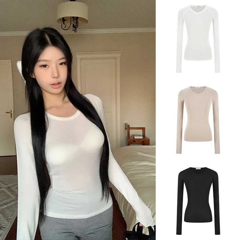 Moses Queen/魔西女王微透纯欲风圆领长袖T恤修身显瘦掐腰上衣