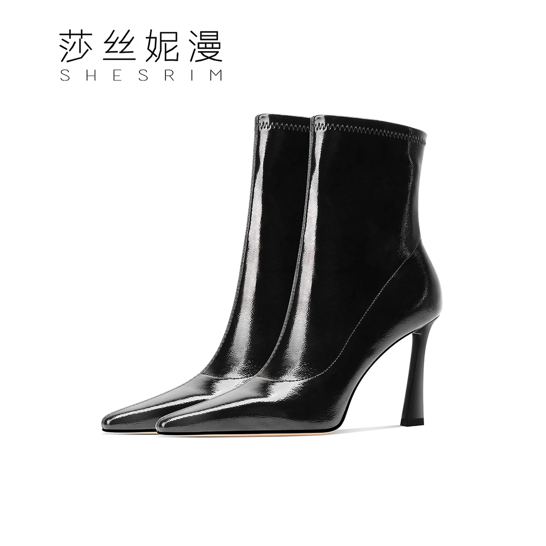 S123-S214-法式尖头黑色短靴2024秋冬新款中筒百搭显廋弹力瘦瘦靴