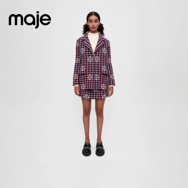 【过季款下架】Maje女装时尚混色格纹羊毛混纺宽松短外套MFPVE00418