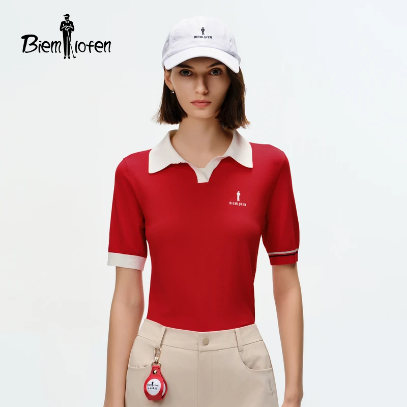 【商场同款新品】比音勒芬高尔夫2025春夏女个性撞色翻领短袖针织衫