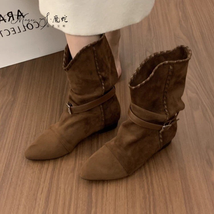 复古绒面尖头褶皱堆堆靴子2025新款单靴内增高短筒西部牛仔靴女