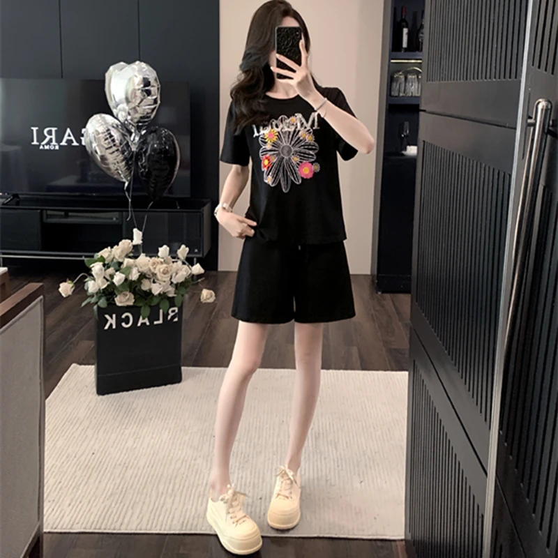欧货小个子时尚休闲运动套装女夏新款显瘦宽松减龄黑色短袖短裤潮