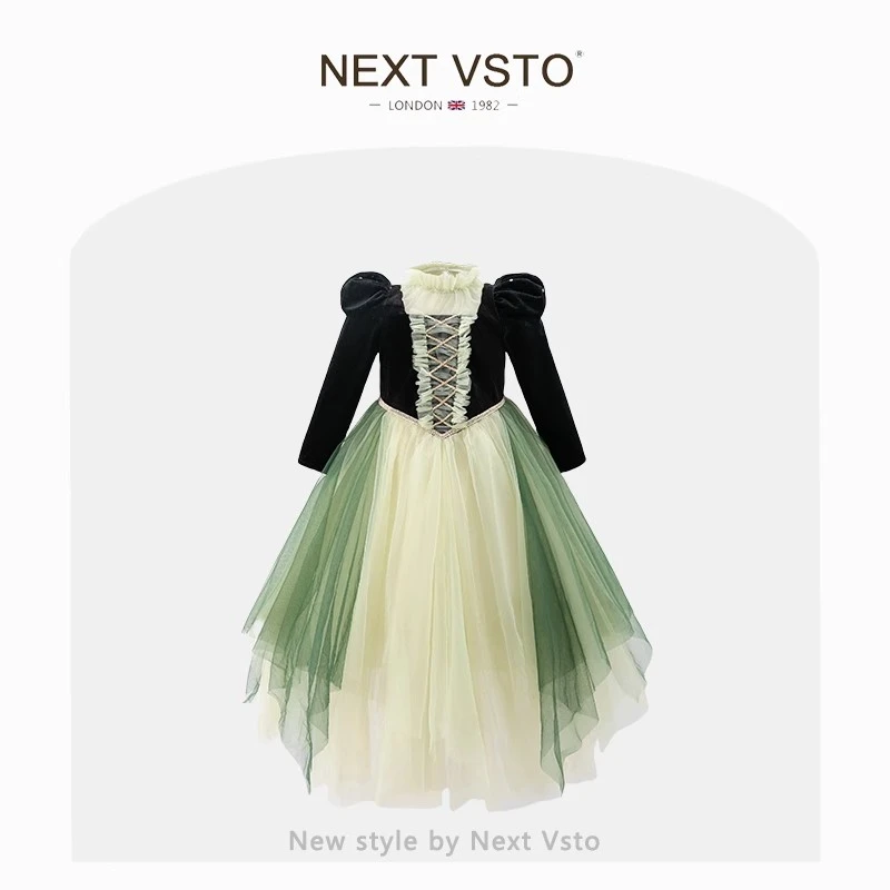 英国NEXT VSTO女童安娜公主裙春秋新款女宝宝网纱丝绒礼服连衣裙