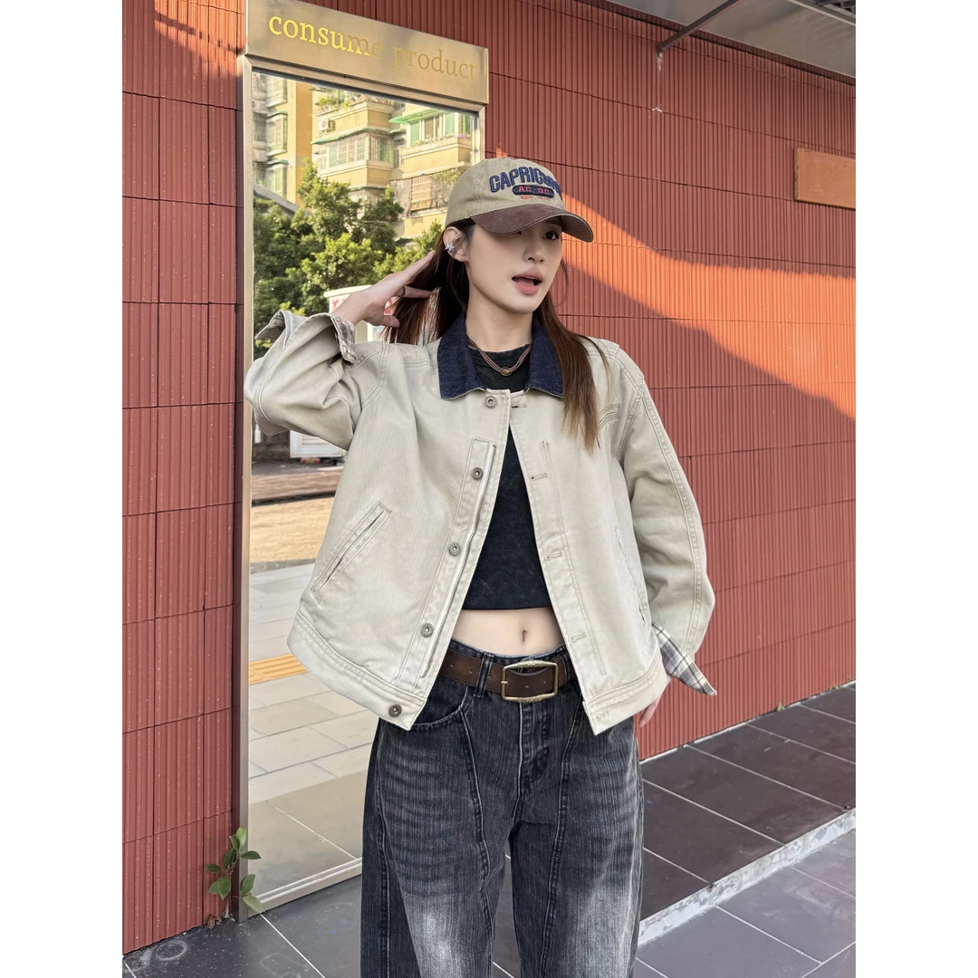 XFX 美式复古水洗拼接工装夹克外套女秋冬翻领高街小众休闲上衣潮