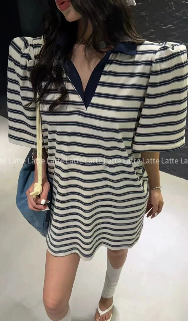 LATTE新款 泡泡袖POLI领条纹短款T裙连衣裙