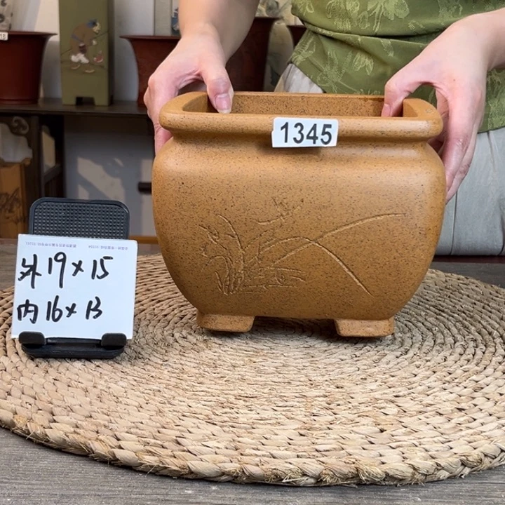 紫砂花盆 放漏特惠柴烧刻绘束口四方1345