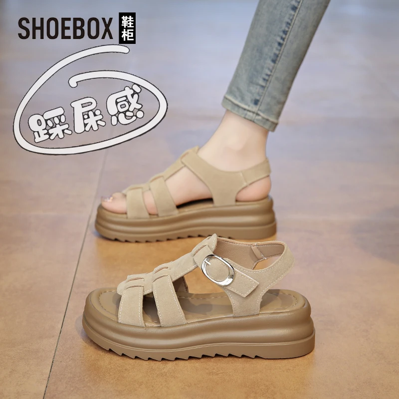 SHOEBOX鞋柜罗马凉鞋女夏季外穿2025新款时尚女鞋厚软底沙滩鞋
