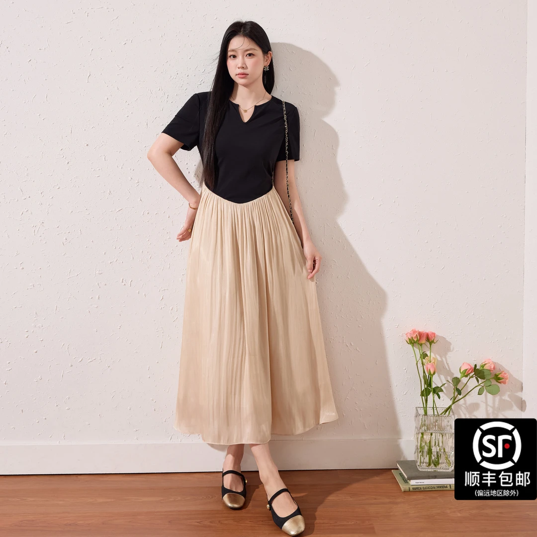 蓝语大码女装撞色v领连衣裙拼接假两件肌理感巨显瘦夏季裙子12410