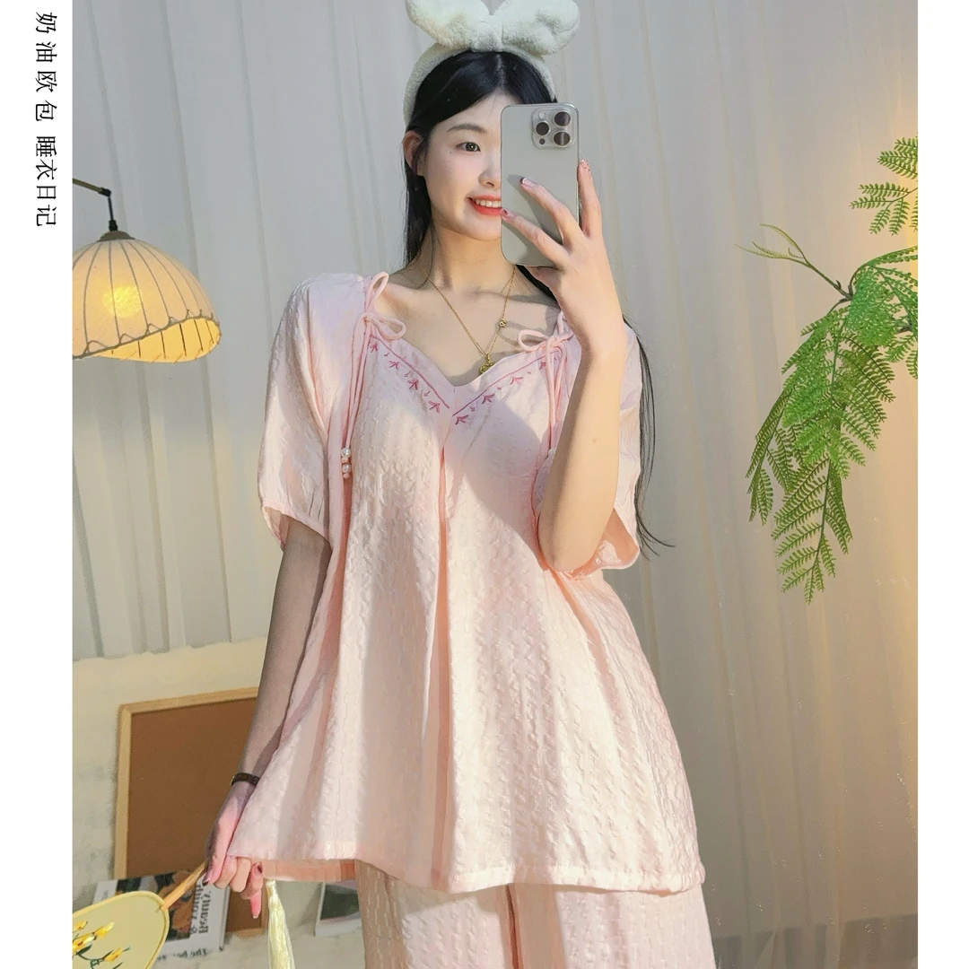 2025新款【胸垫版睡衣女】夏季泡泡棉纱透气吸汗薄款家居服套装