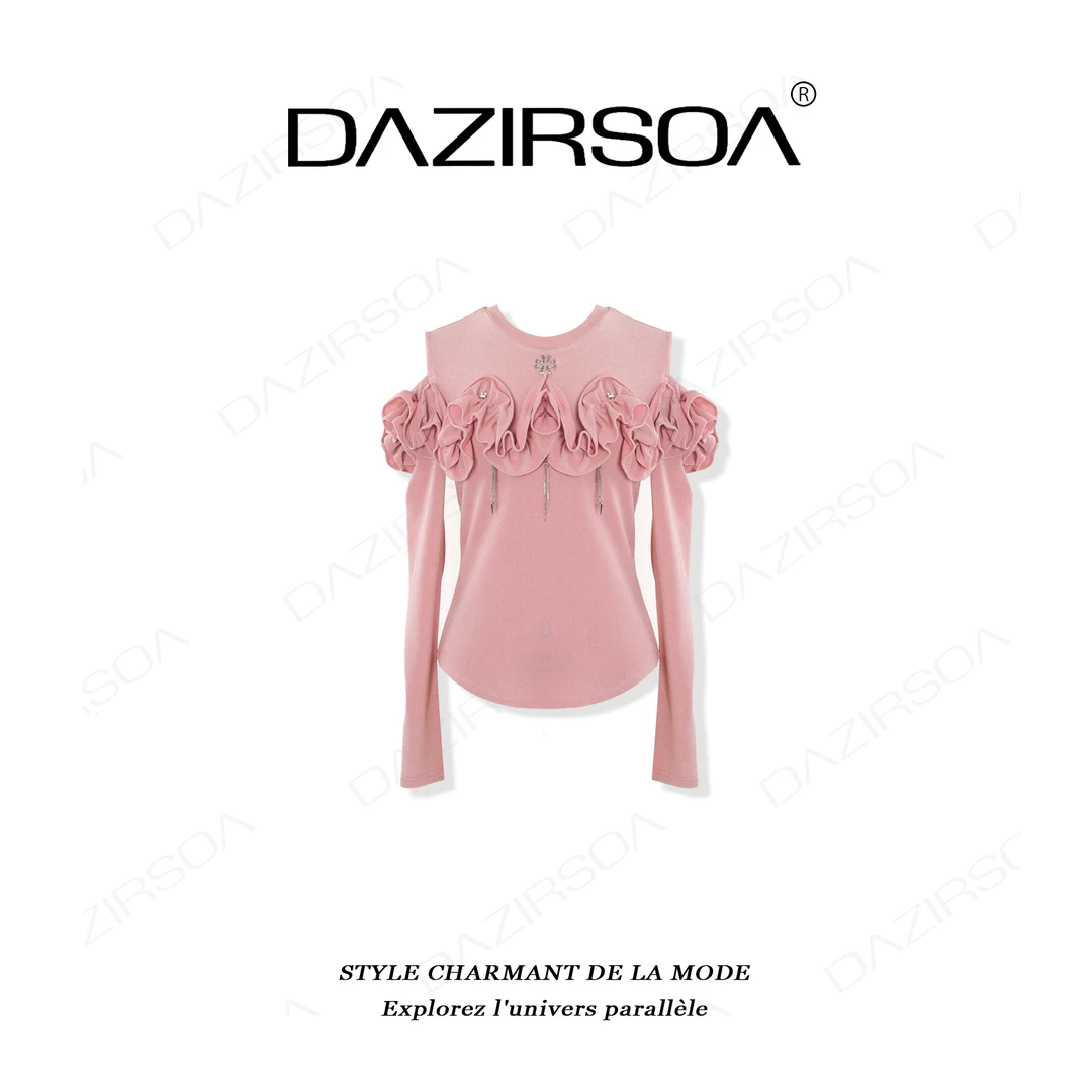 “旷野繁星”时尚百搭拼接玫瑰花露肩洋气上衣 W950