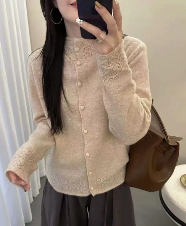 【橙子专属】镂空包扣开衫款100%绵羊毛长袖百搭针织衫25862款