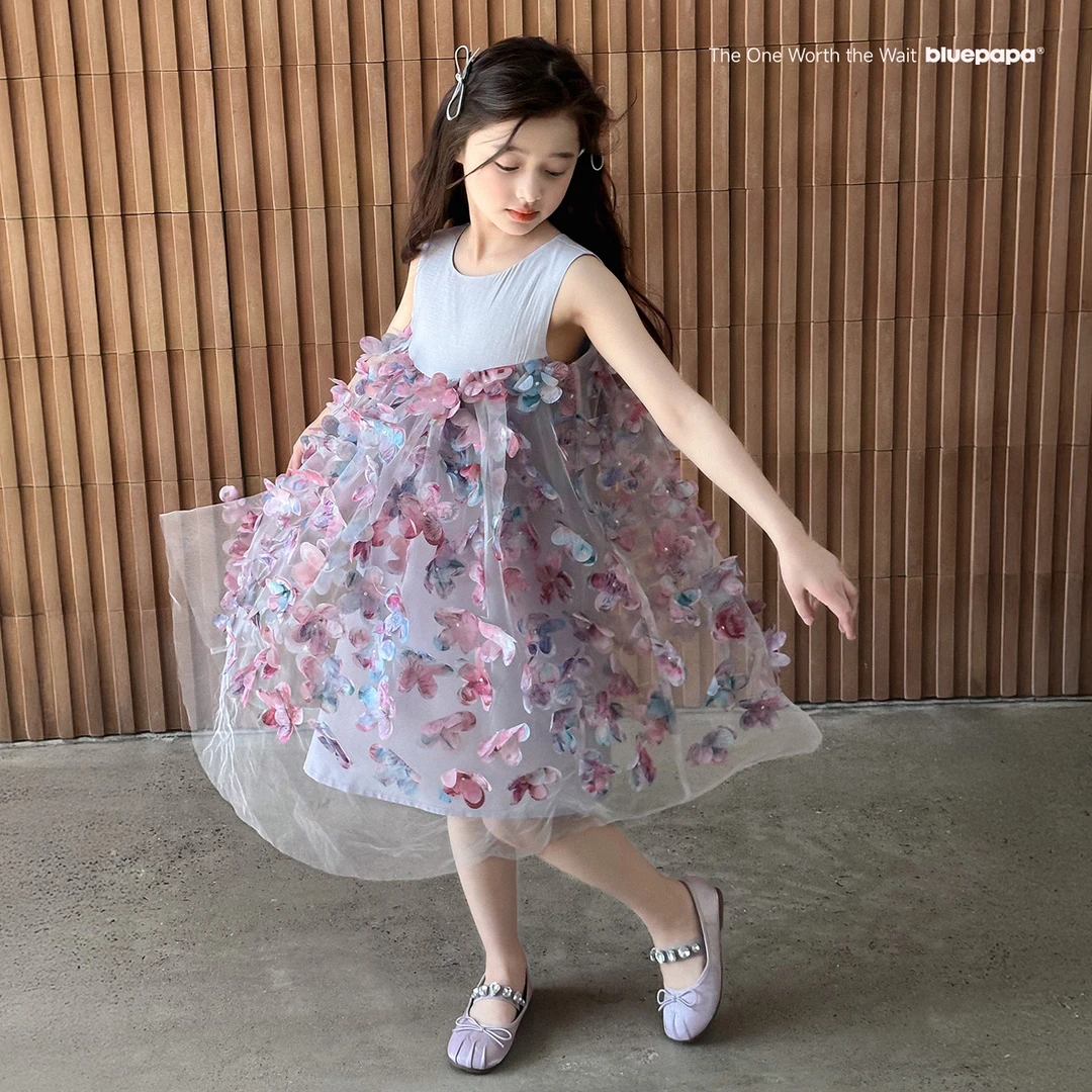 【雨蝶】蓝小爸童装女童法式背心裙夏季新款立体花朵网纱裙子