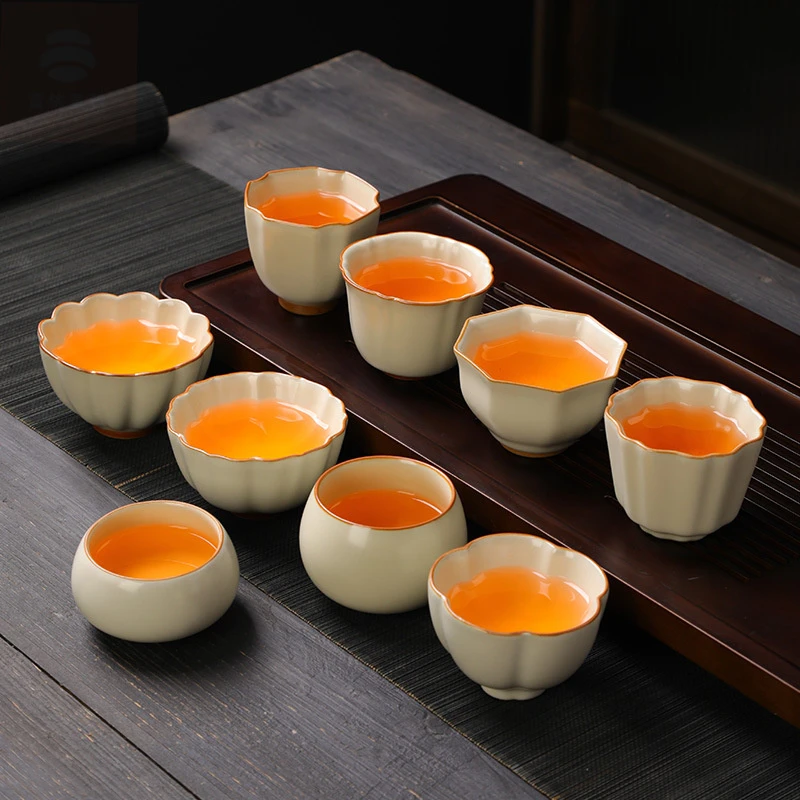 高档汝瓷米黄主人杯家用茶杯功夫茶具开片可养金丝铁线陶瓷品茗杯