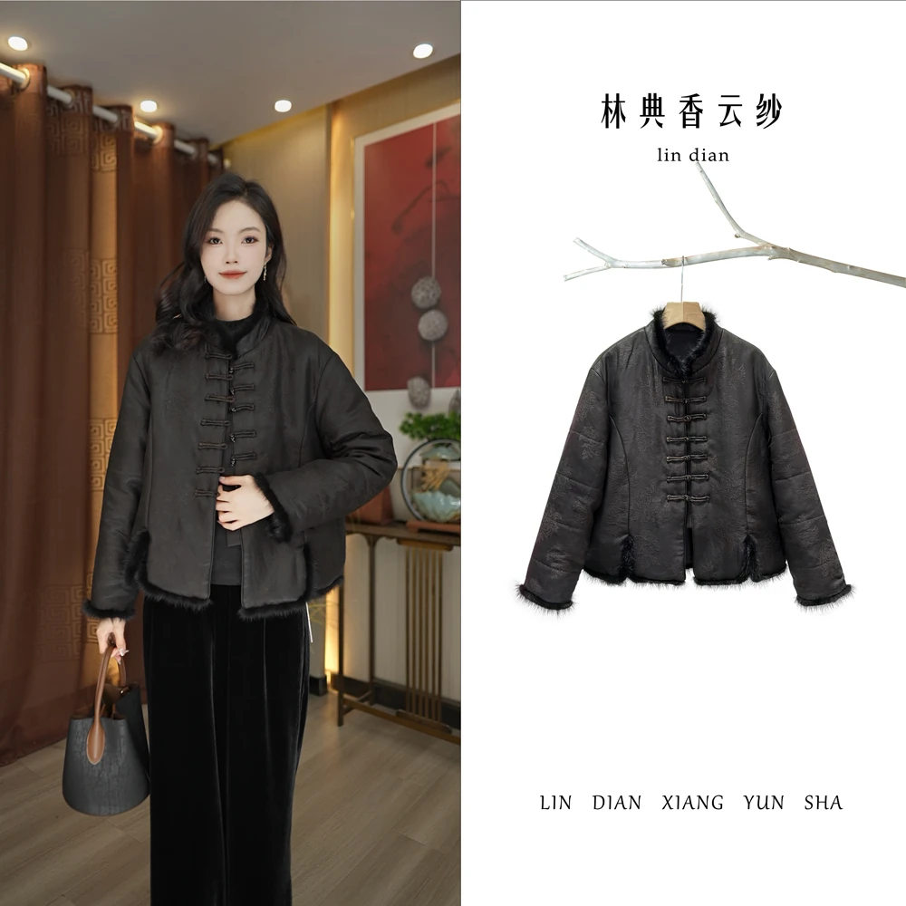 【林典】中老年新中式宽松新款时尚丝绒加绒棉服外套女款爆款3163-1