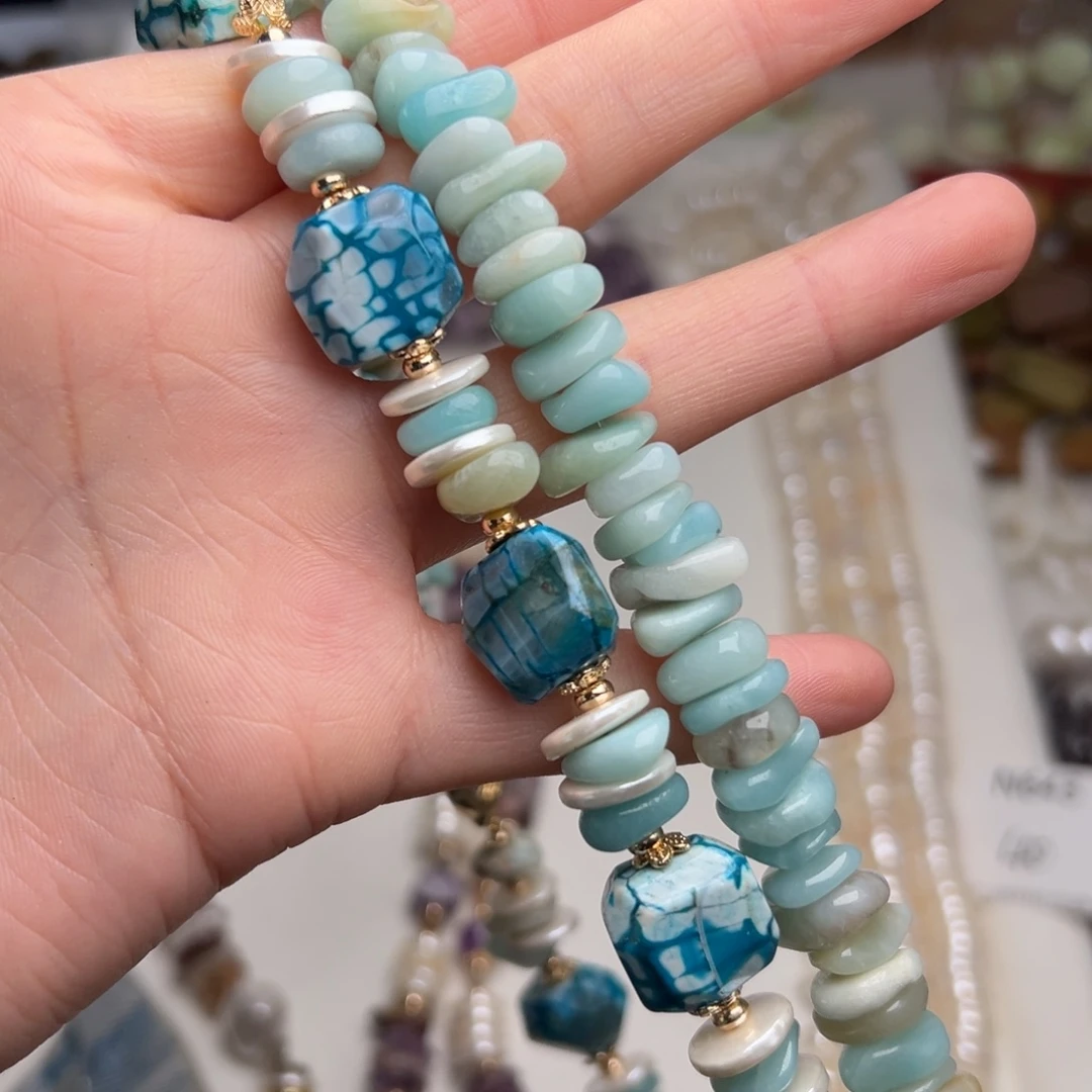 玛瑙/玉髓合金珠宝半成品N649。11mm天然天河石叠片一条