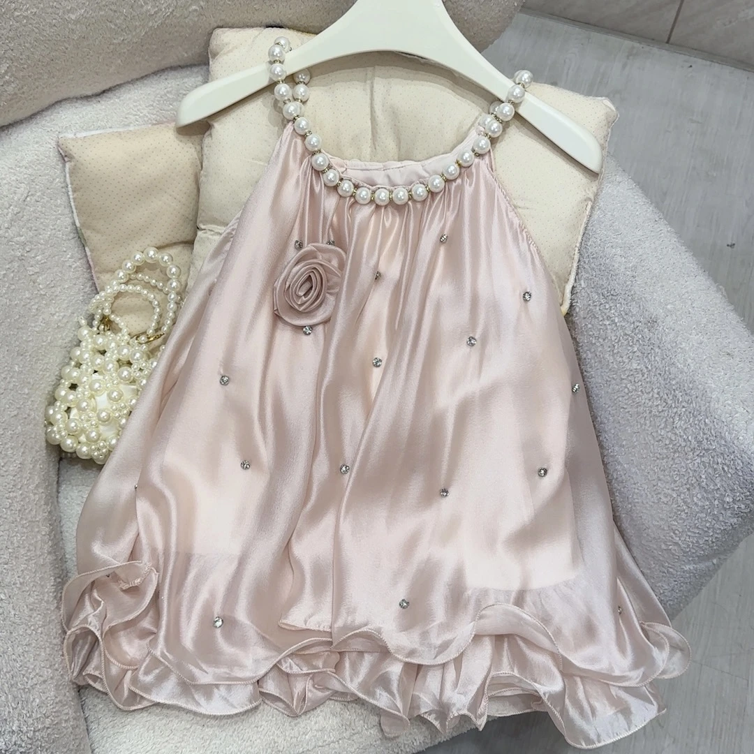 夏季钉钻珍珠吊带衫小个子出游穿搭立体花朵无袖露肩宽松辣妹上衣