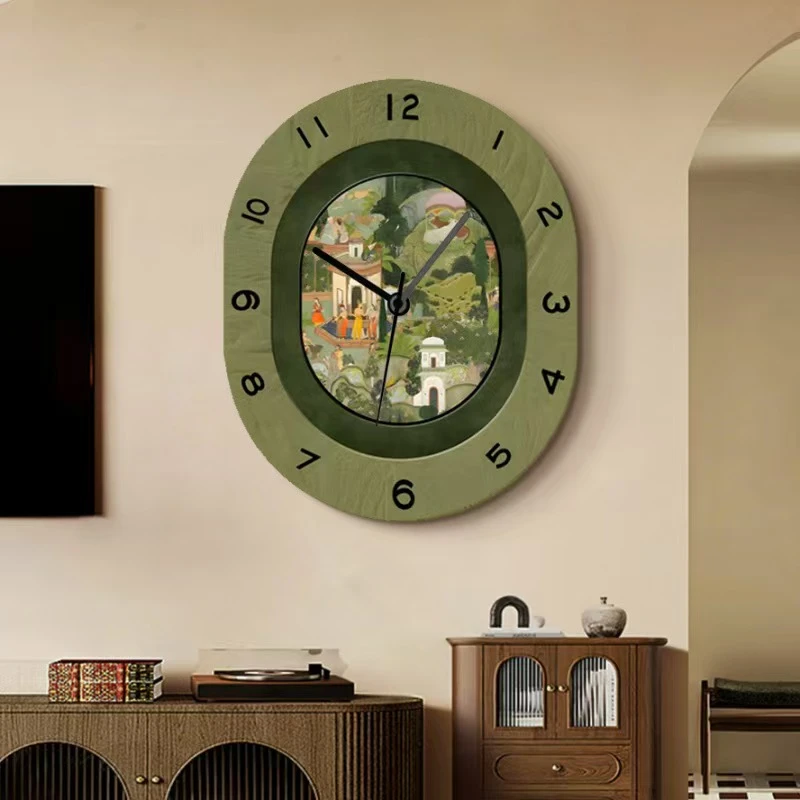 房间装饰画奶油钟表挂墙绿色美式挂钟家用表钟ins风