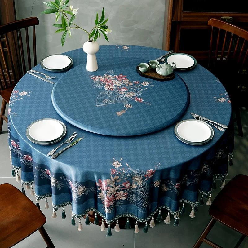中式防水大圆桌桌布中国风高级感酒店饭店布艺台布家用圆形餐桌布