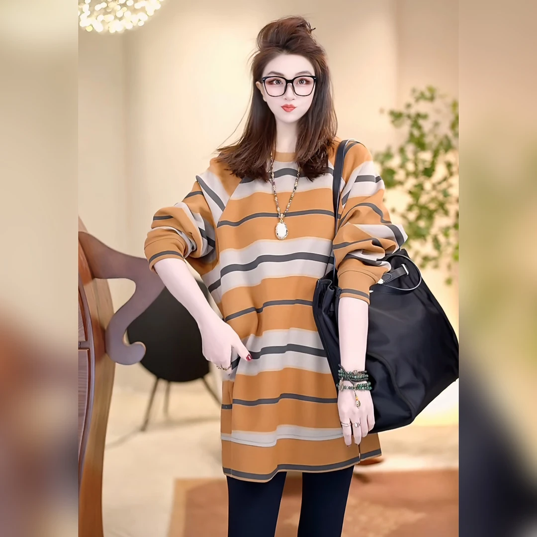 Linda姐高端线【橘味活力】秋冬松弛感气质美感条纹卫衣AA5SWY0108