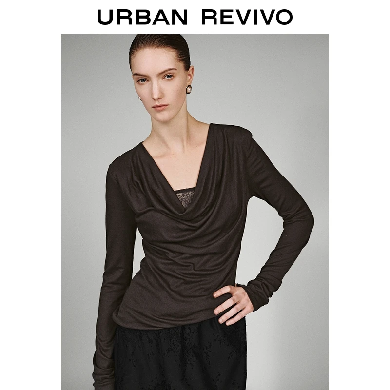 UR2026春季新款女装魅力蕾丝拼接荡领褶皱修身T恤UWG460003