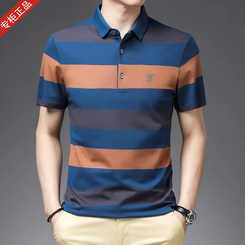 2025夏季新男士短袖T恤POLO衫商务休闲经典翻领条纹纯棉中年上衣