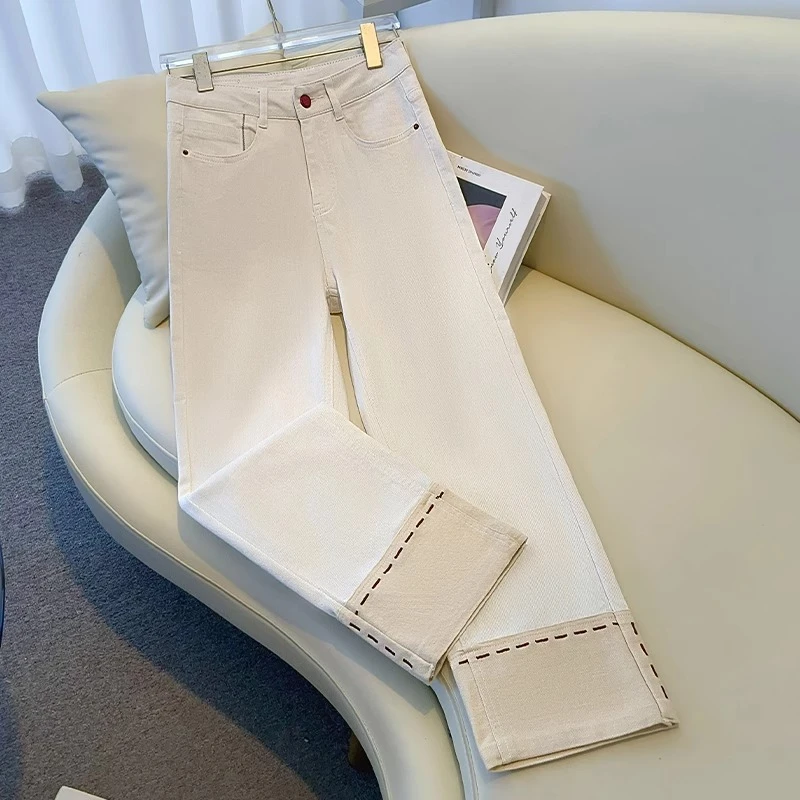 米白色卷边直筒牛仔裤女2025春夏新款窄版显瘦小个子九分烟管裤子