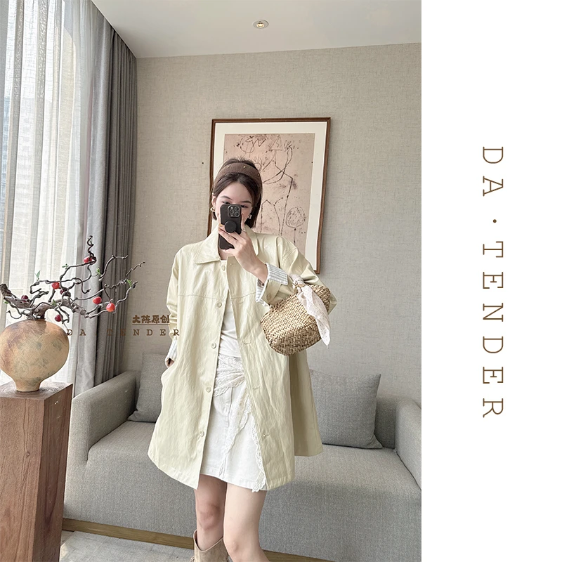 DA·Tender-“云薄荷PU中长款外套”春季气质简约休闲百搭翻领风衣