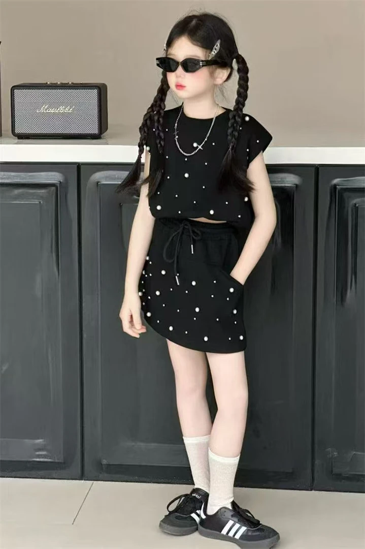 【中大童女宝】实体品质童装儿童夏春秋套装夏季黑色夏装女童波点