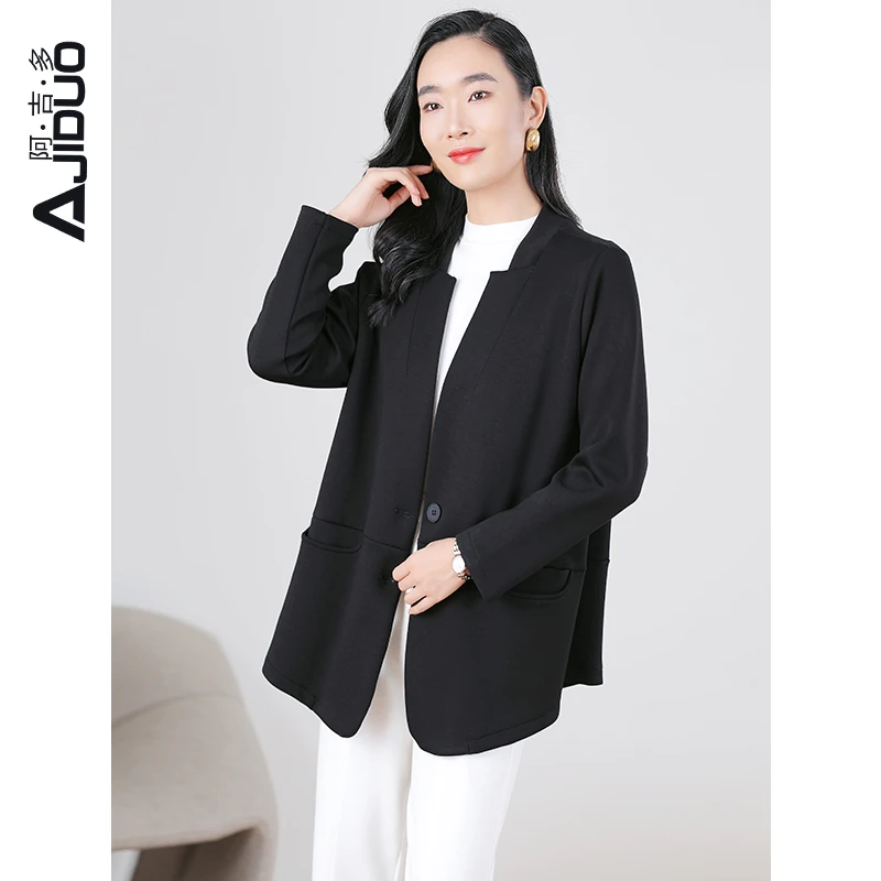 阿吉多长袖黑色外套女春秋款简约高级复古时髦西装大码胖妹妹上衣