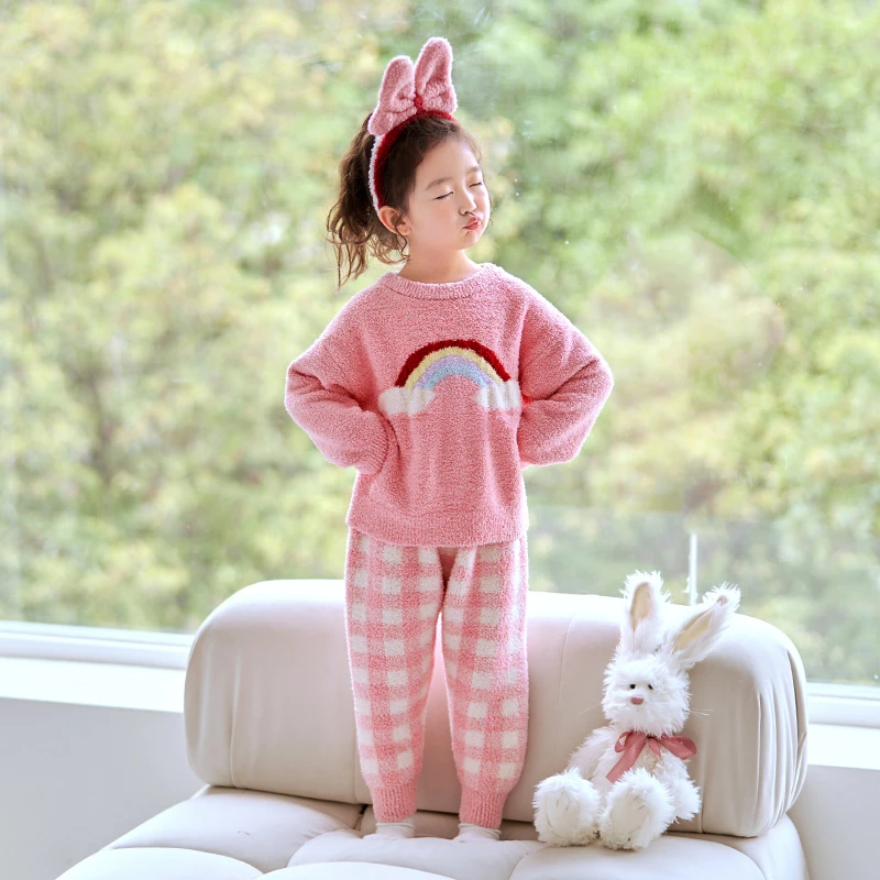 女童睡衣秋冬款法兰绒2025珊瑚绒小女孩宝宝冬季儿童家居服半边绒