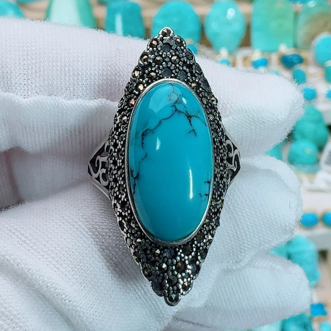 绿松石银S925镶嵌珠宝奇石个性复古戒指