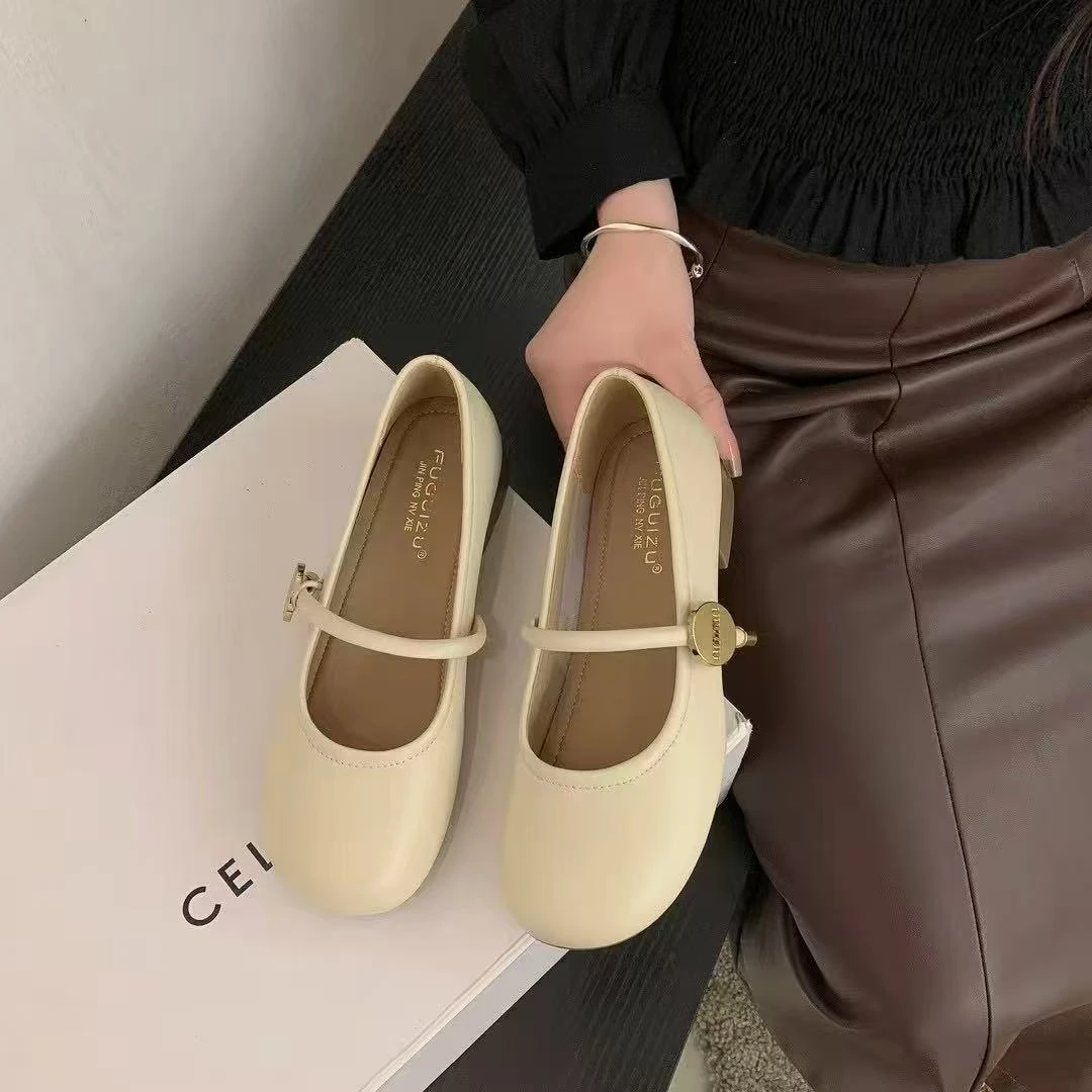 软底平底百搭时尚玛丽珍女鞋圆头金扣款春秋季