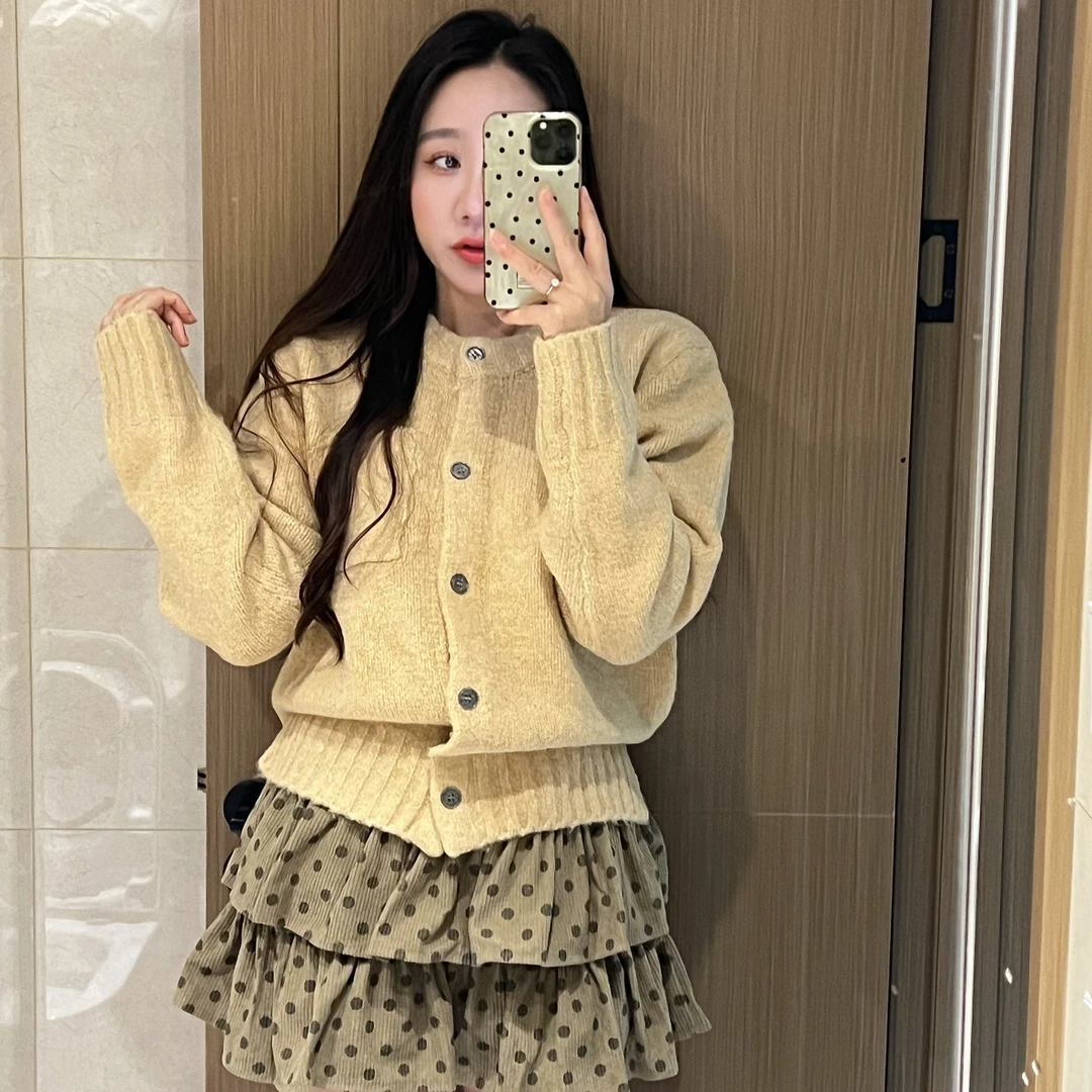 【米朵家】韩版加厚单排扣后绑带毛衣开衫