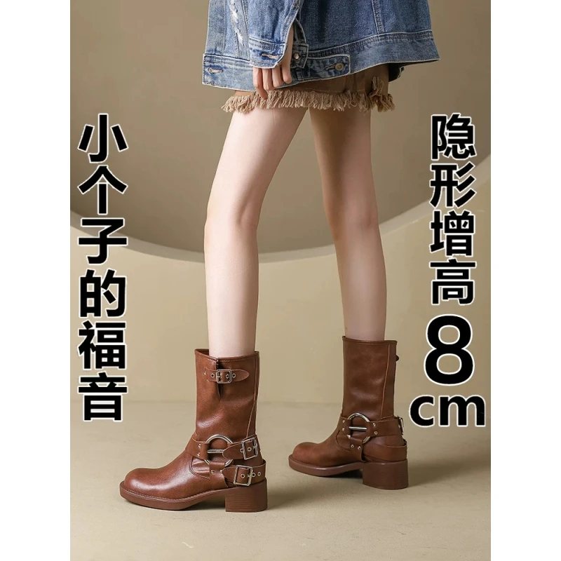 真皮马丁靴女2025年秋冬新款加绒西部牛仔靴子增高骑士靴厚底短靴