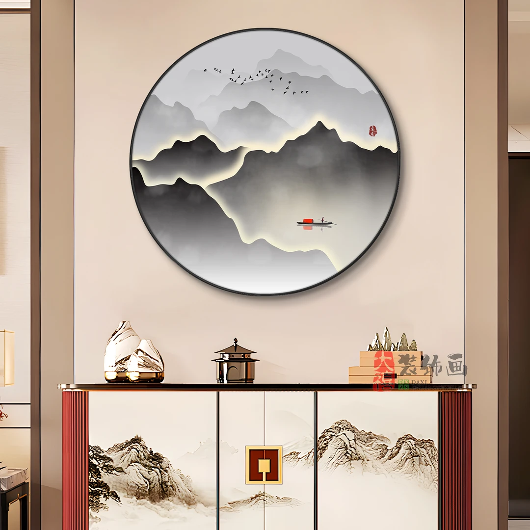 新中式圆形山水装饰画水墨风写意客厅背景墙挂画入户玄关墙壁挂画