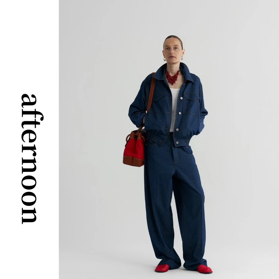 afternoon秋季阔版大口袋极简轻奢复古明线水洗牛仔外套