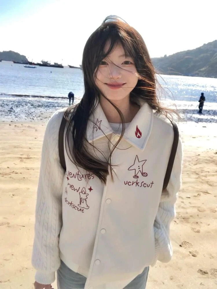 美式复古棒球服女春季新款毛织拼接翻领夹克学院风宽松毛呢外套潮