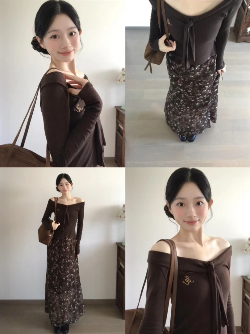 2025早秋新款韩系温柔风穿搭绑带一字肩长袖上衣碎花半身裙两件套