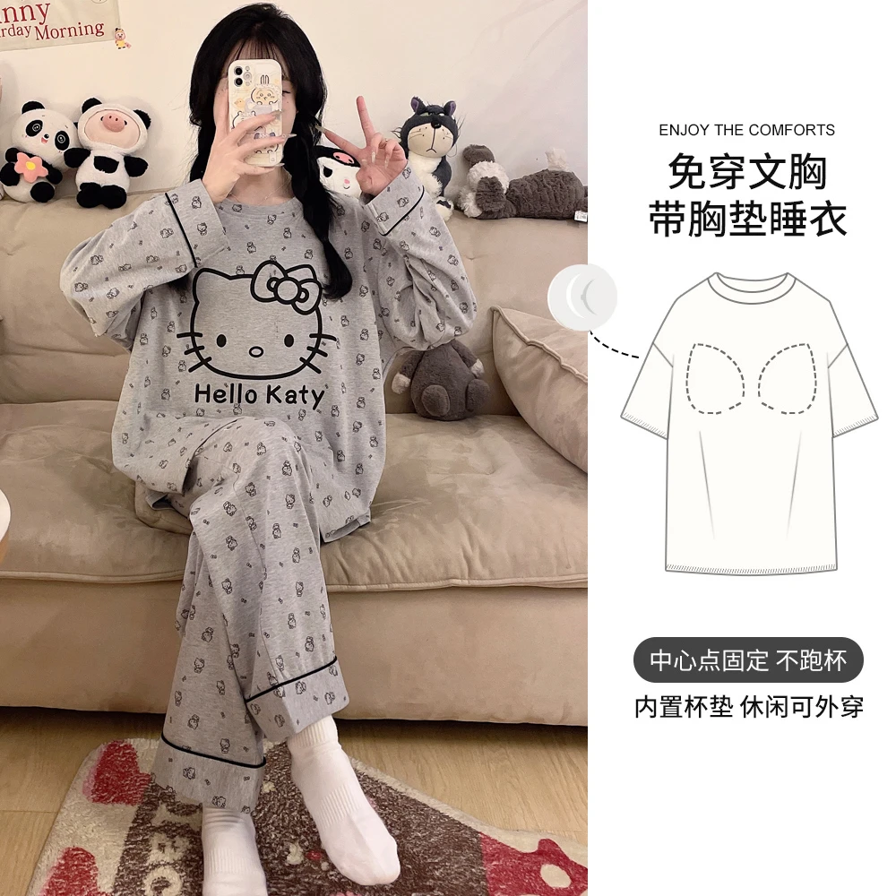 带胸垫100%全棉睡衣女款爆款2025新款秋季纯棉薄款长袖家居服大码