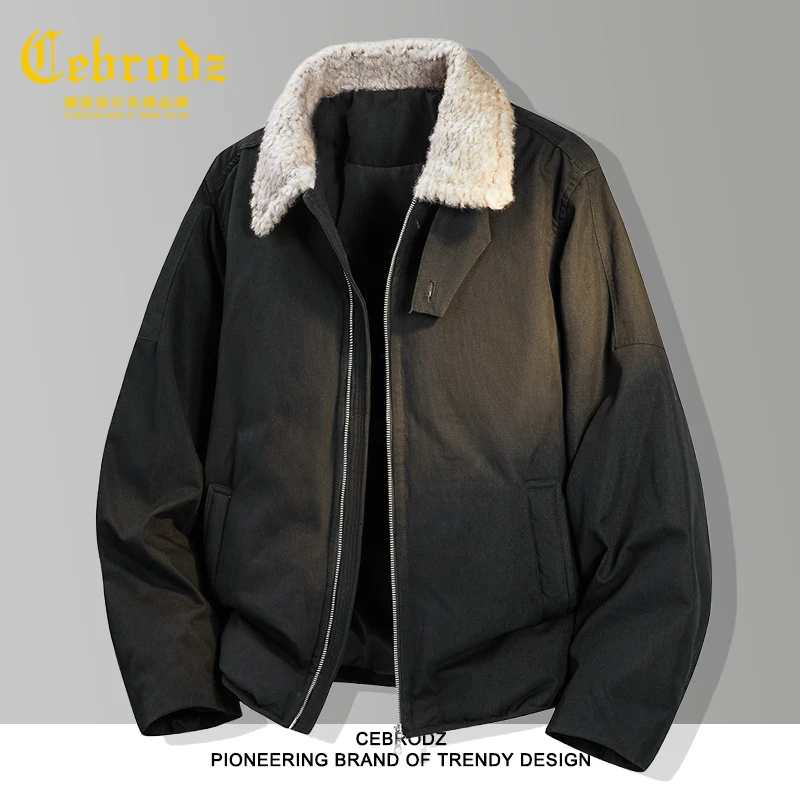 法国Cebrodz美式短款毛领羽绒服男女秋冬新款保暖休闲翻领夹克男