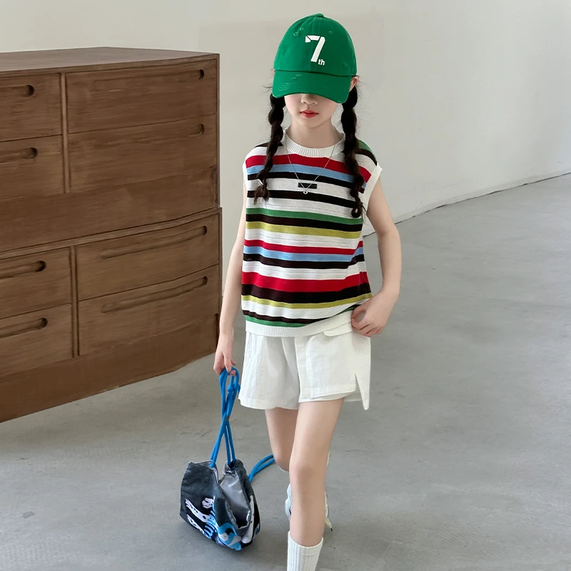 女童背心套装夏季2025新款女大童炸街冰丝上衣短裤夏日多巴胺穿搭
