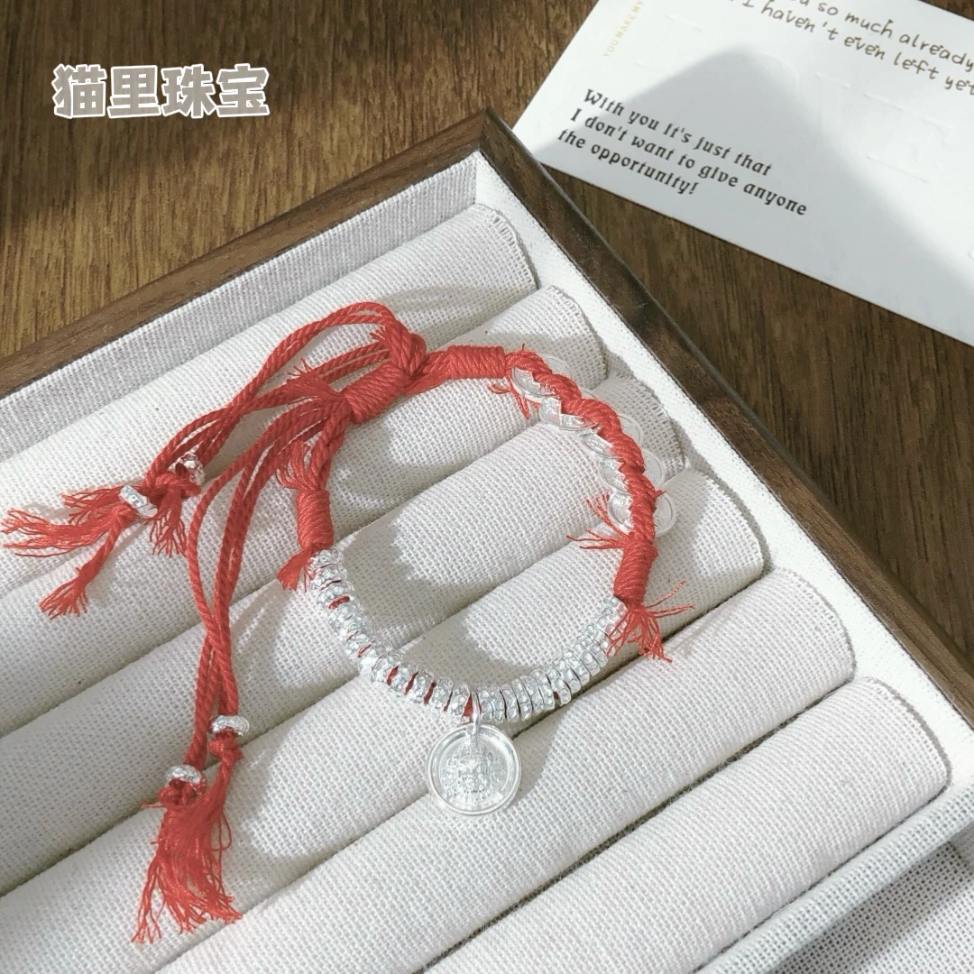 足银手链 足银9999纯银盘缠手链女原创设计手工编织黄财神招财