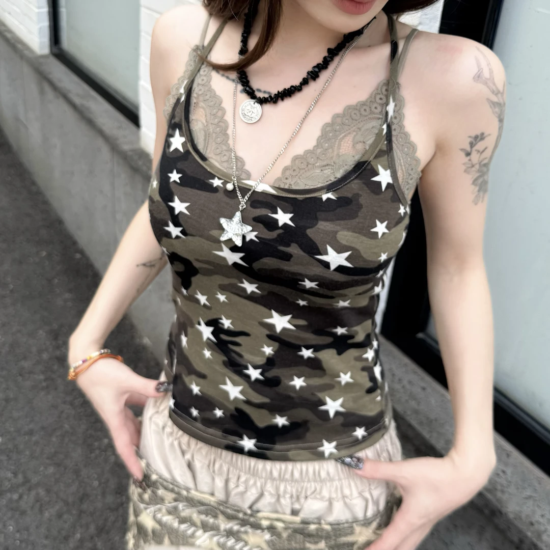 可可不加酱【五角星背心】复古通勤短款修身迷彩吊带背心25A1T360
