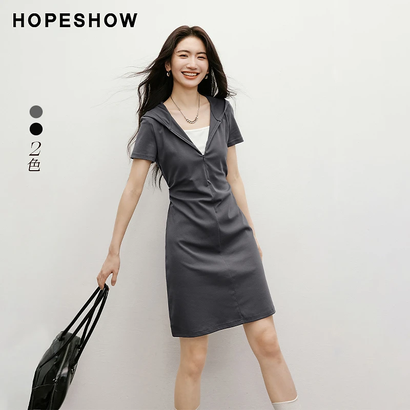 红袖2025夏女装 假两件抽皱收腰撞色拼接连帽领连衣裙90125151609