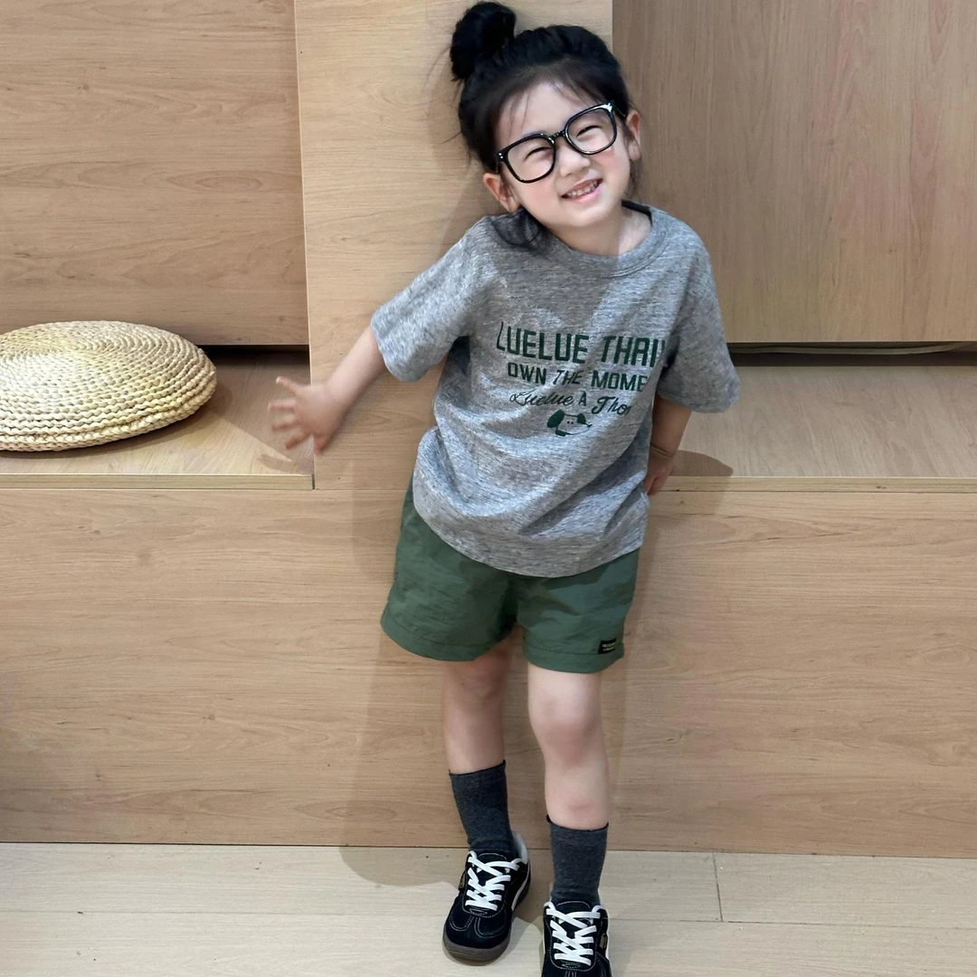 小思家女童2025夏季韩版休闲百搭满印卡通短袖T恤军绿五分短裤