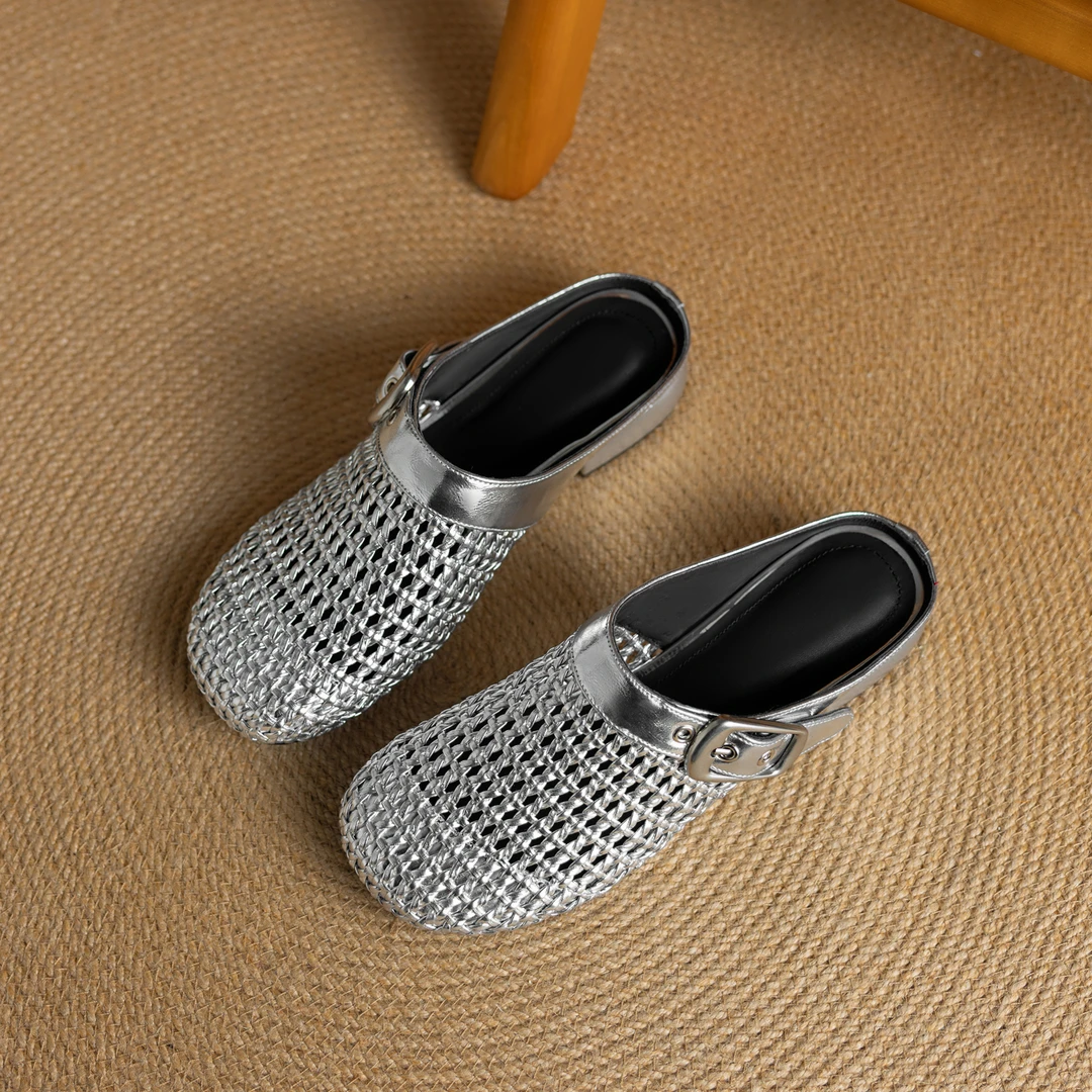 拖鞋时尚休闲夏季透气软底编织外穿镂空真皮春夏防滑